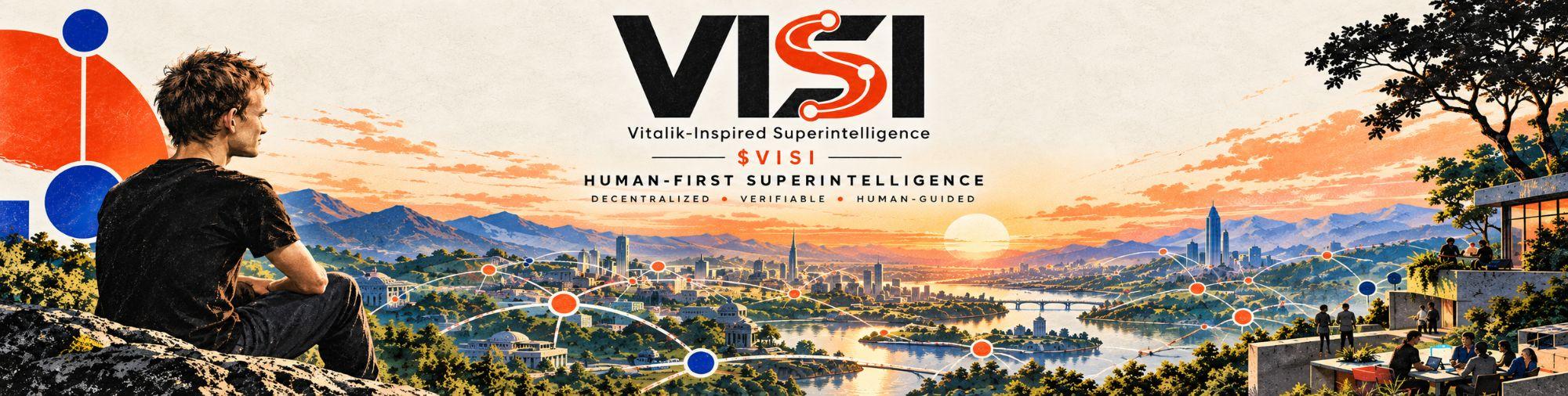 A person sits above a riverside city at sunset beside the VISI mark.